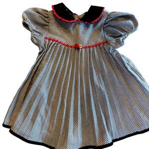 Vintage Girls Houndstooth Dress Black Velvet Collar Red Rose‎ Trim
